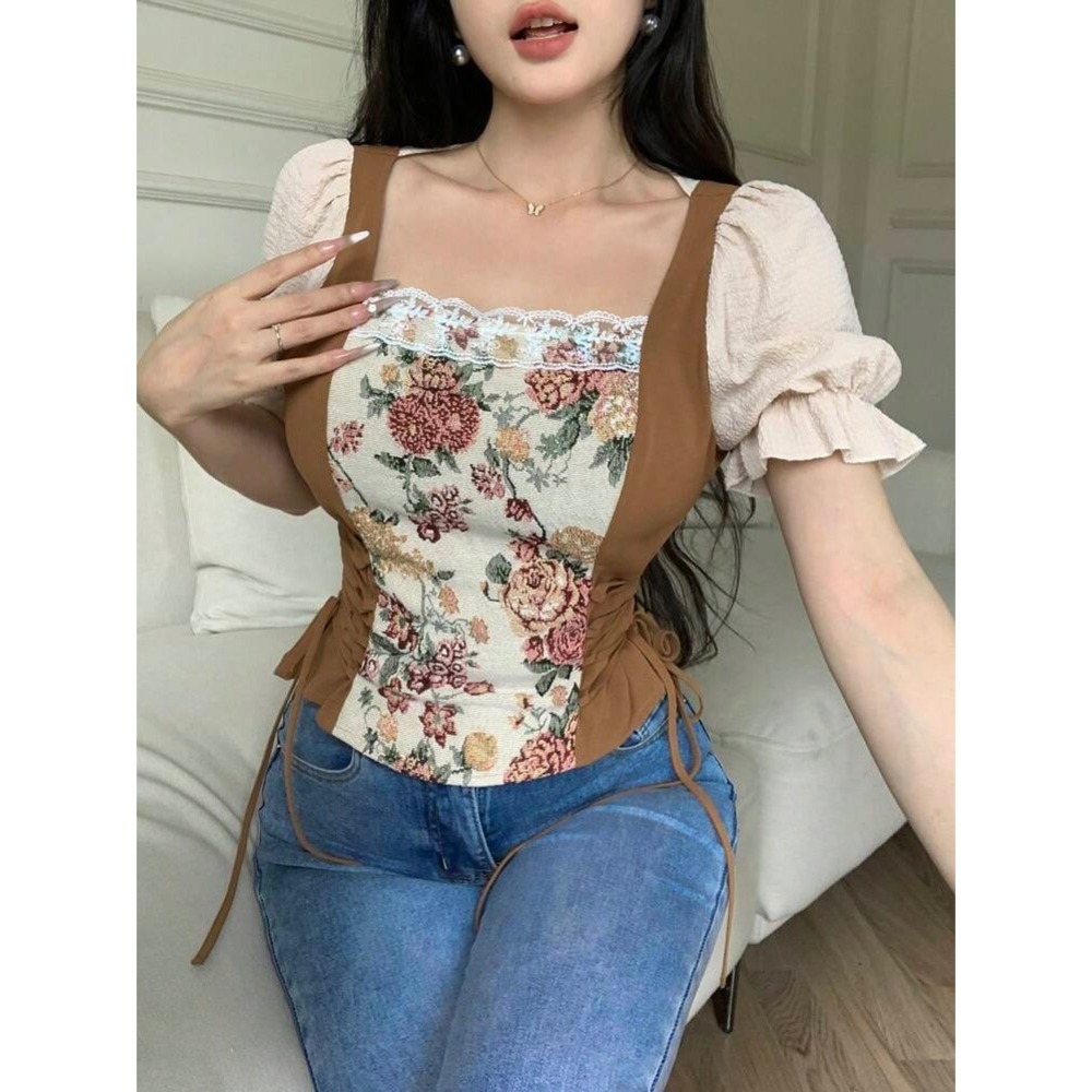 Shein Floral Tapestry Corset Top Lace Up Puff Sleeve Milkmaid Blouse Tan Large